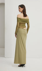 Off Shoulder Sheer Maxi Mesh Green