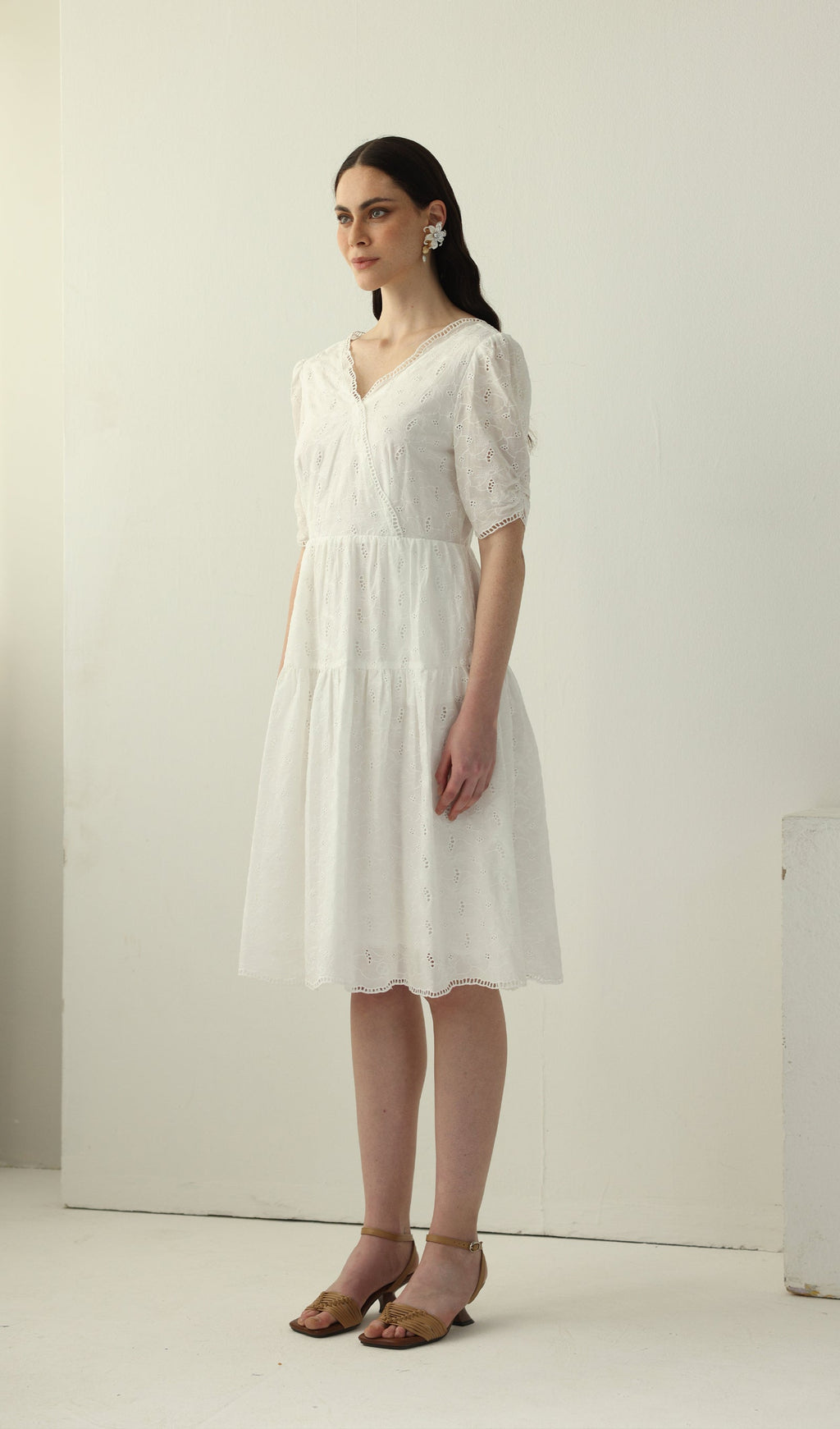 V Neck Midi Dress In White