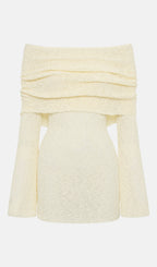 Off Shoulder Boucle Knit Mini Dress In Ivory