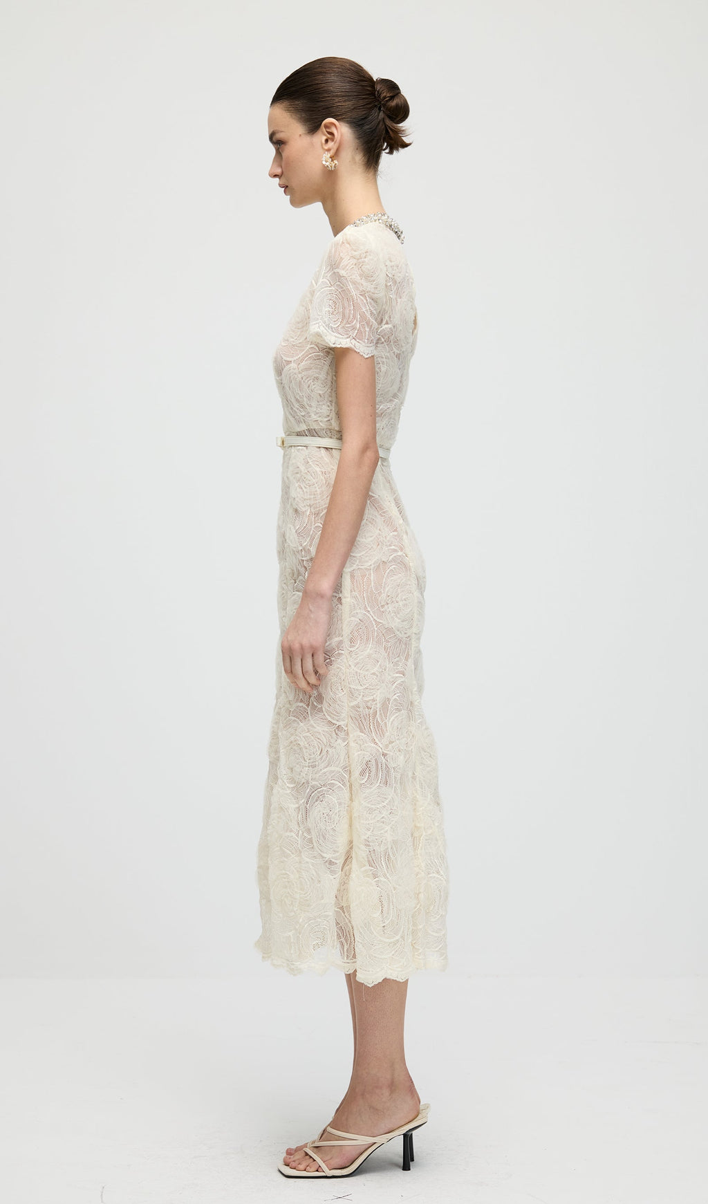 Cream Tulle Lace Midi Dress