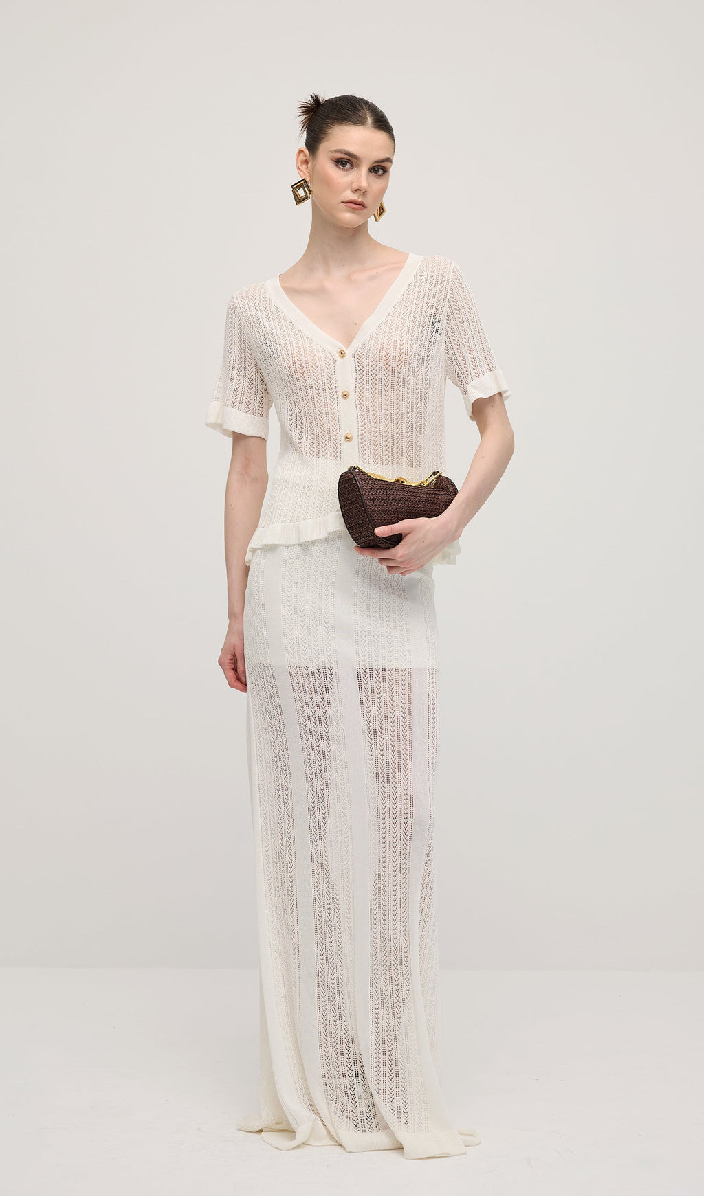 Openwork Jersey Maxi Skirt Sets In White