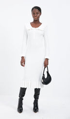 Trendy Knitted Ruffle Midi Dress-White