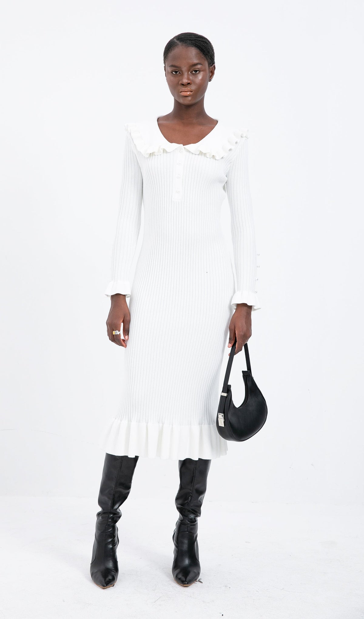 Trendy Knitted Ruffle Midi Dress-White