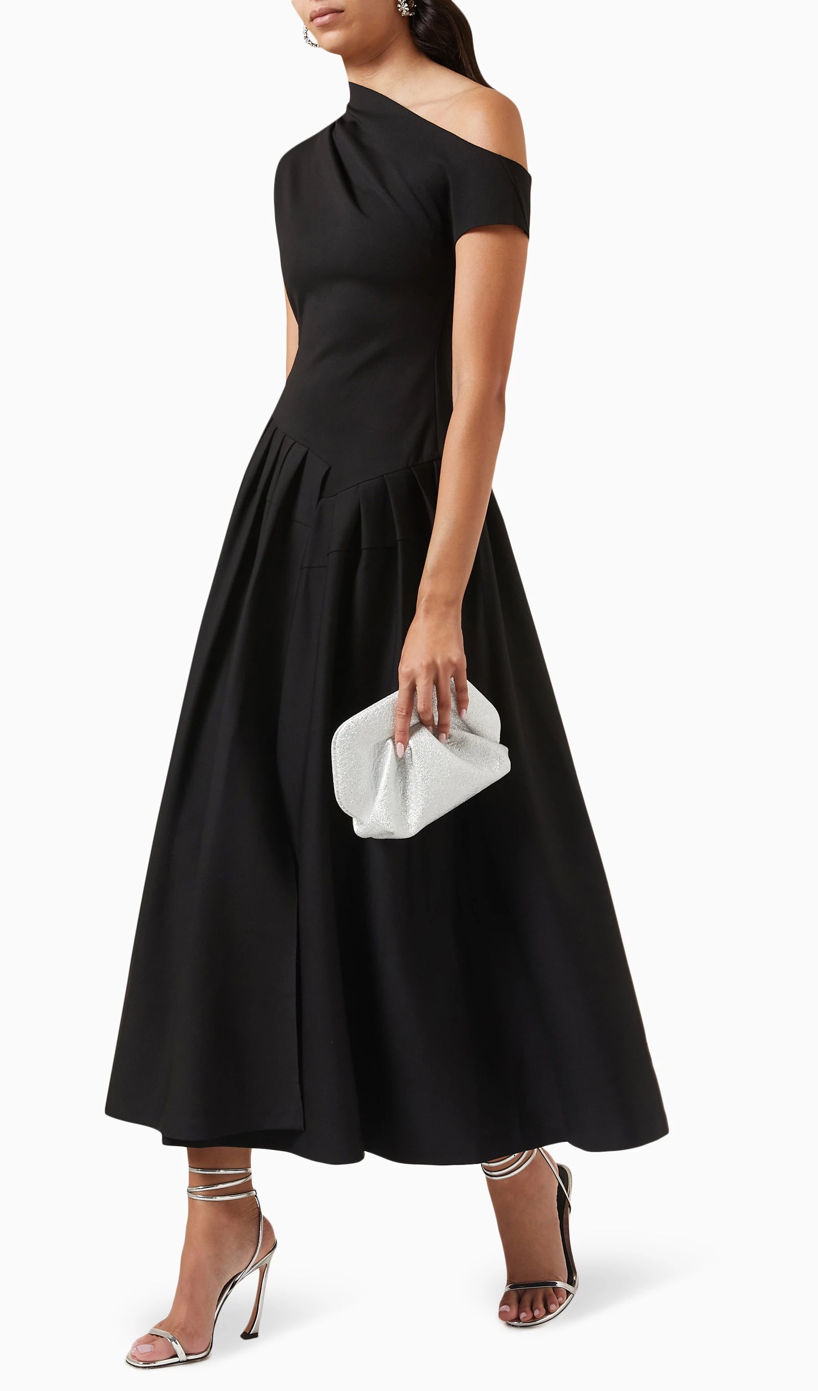 Asymmetry One Shoulder Jersey Midi Dress In Black
