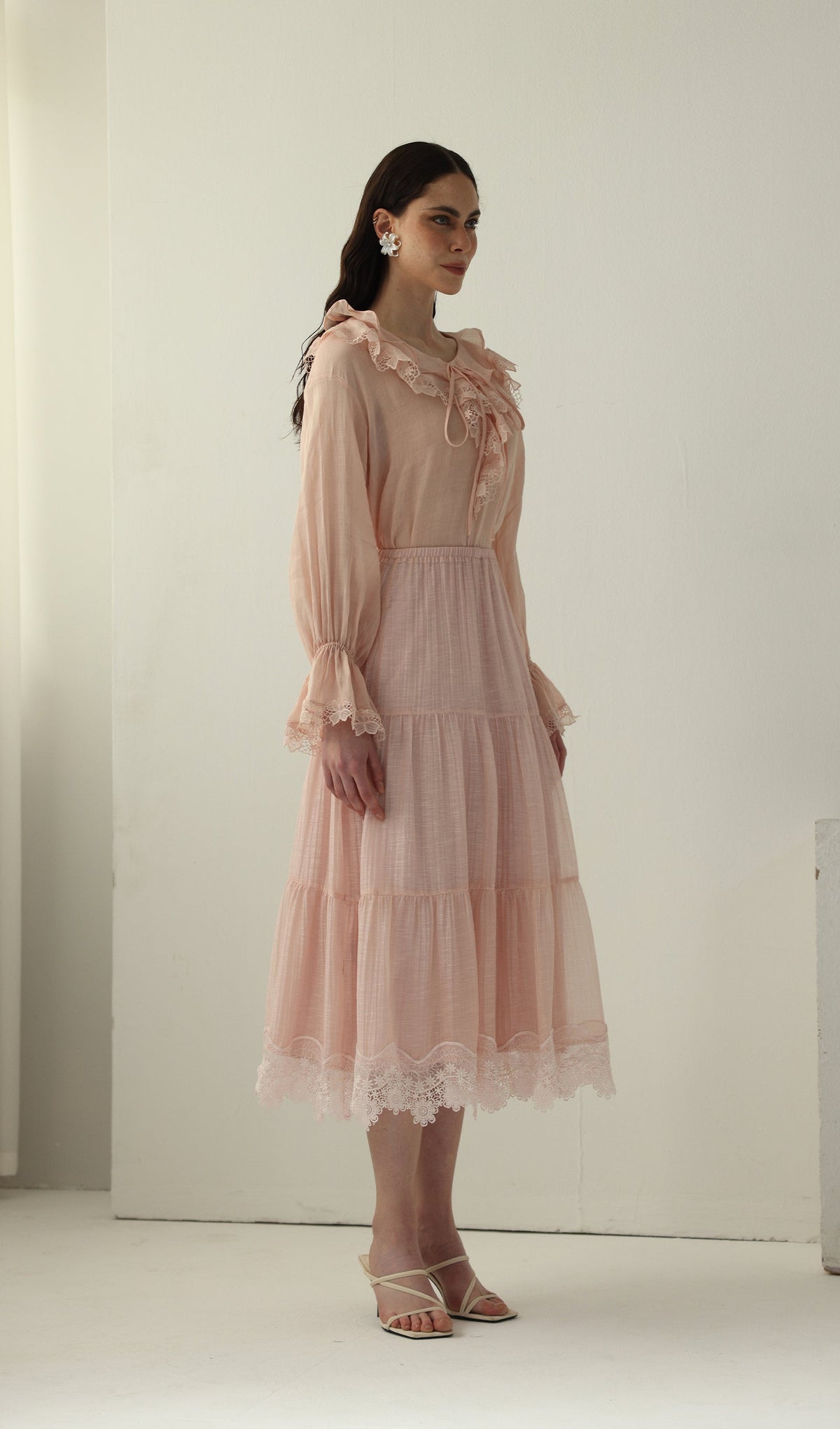V Neck Lace Panel Ruffled Top