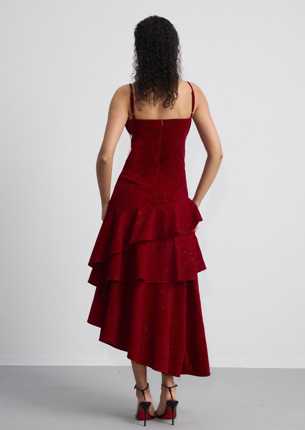 Asymmetrical Ruffled Crystal-Embellished Midi Dress