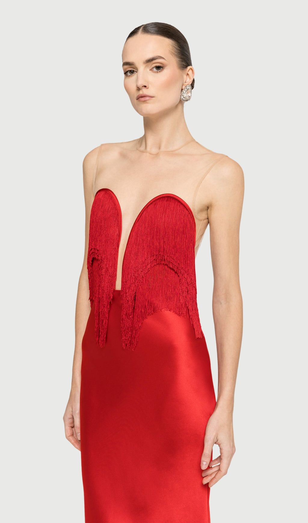 Fringe Detail Satin Maxi Dress With Fur Collar