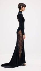 Semi-Sheer Lace Velvet Maxi Dress