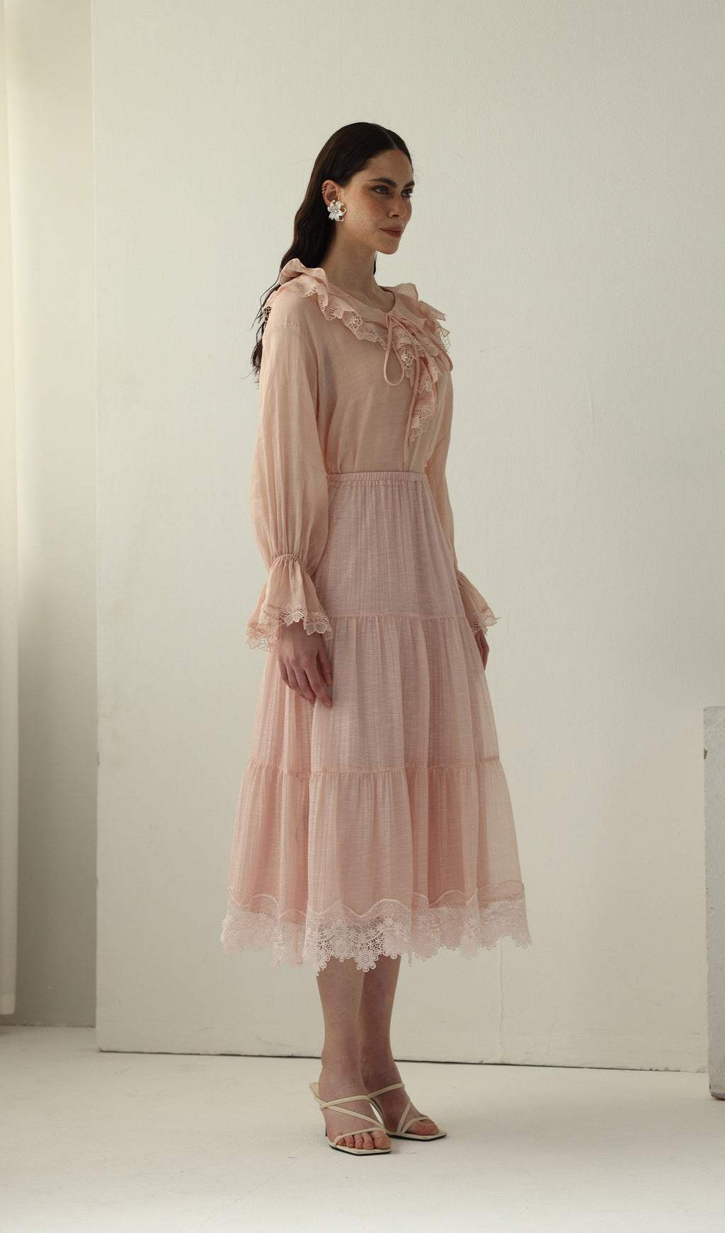 Long Sleeved Lace Panel Midi Skirt