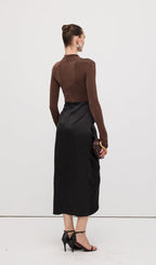 Asymmetrical Pleat Maxi Dress Brown