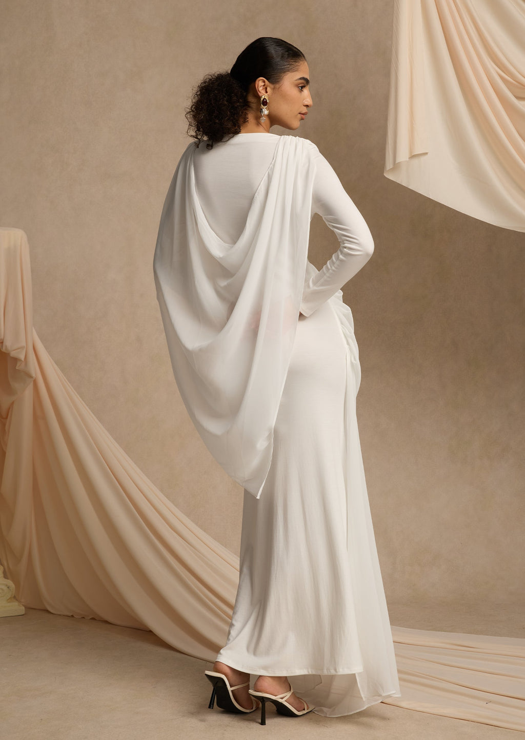 Shawl Ribbon Knotted Maxi Dress In White