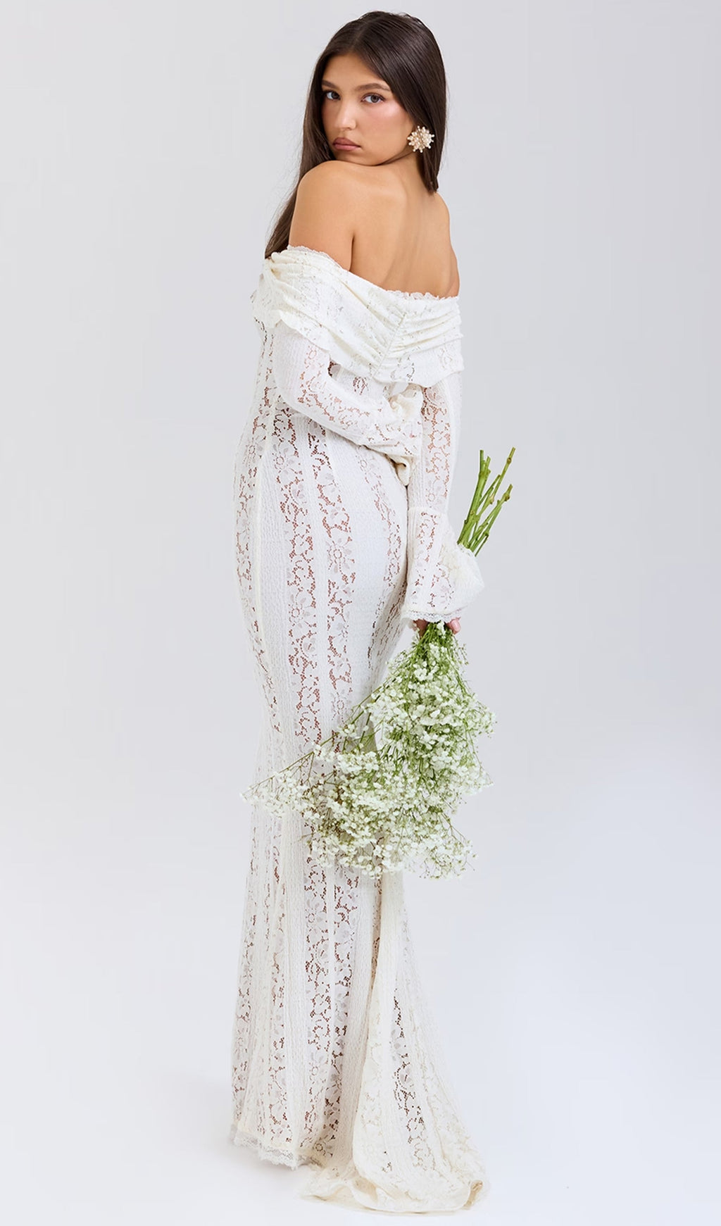 Vintage Floral Lace Off Shoulder Maxi Dress