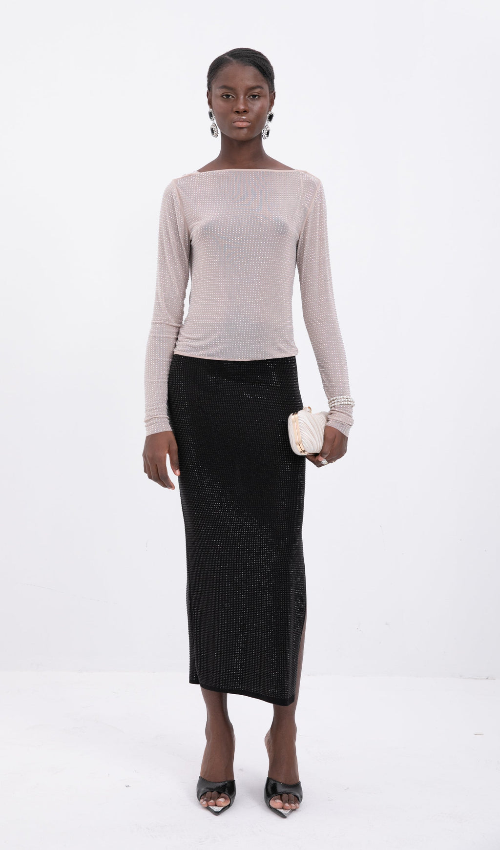 Black Tone Beaded Midi Skirt
