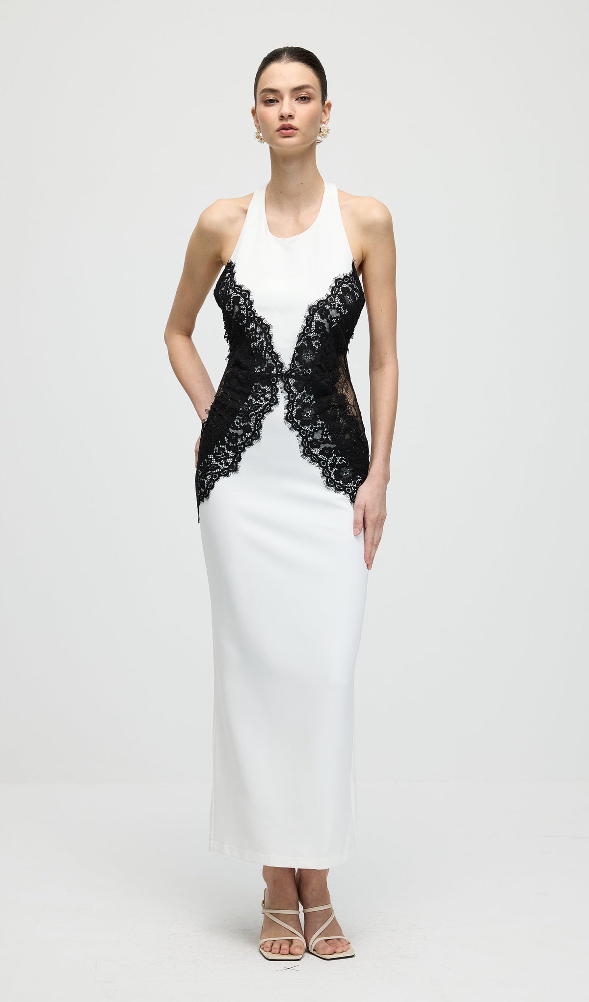 Solid Open Back Maxi Dress In Crepe & Lace