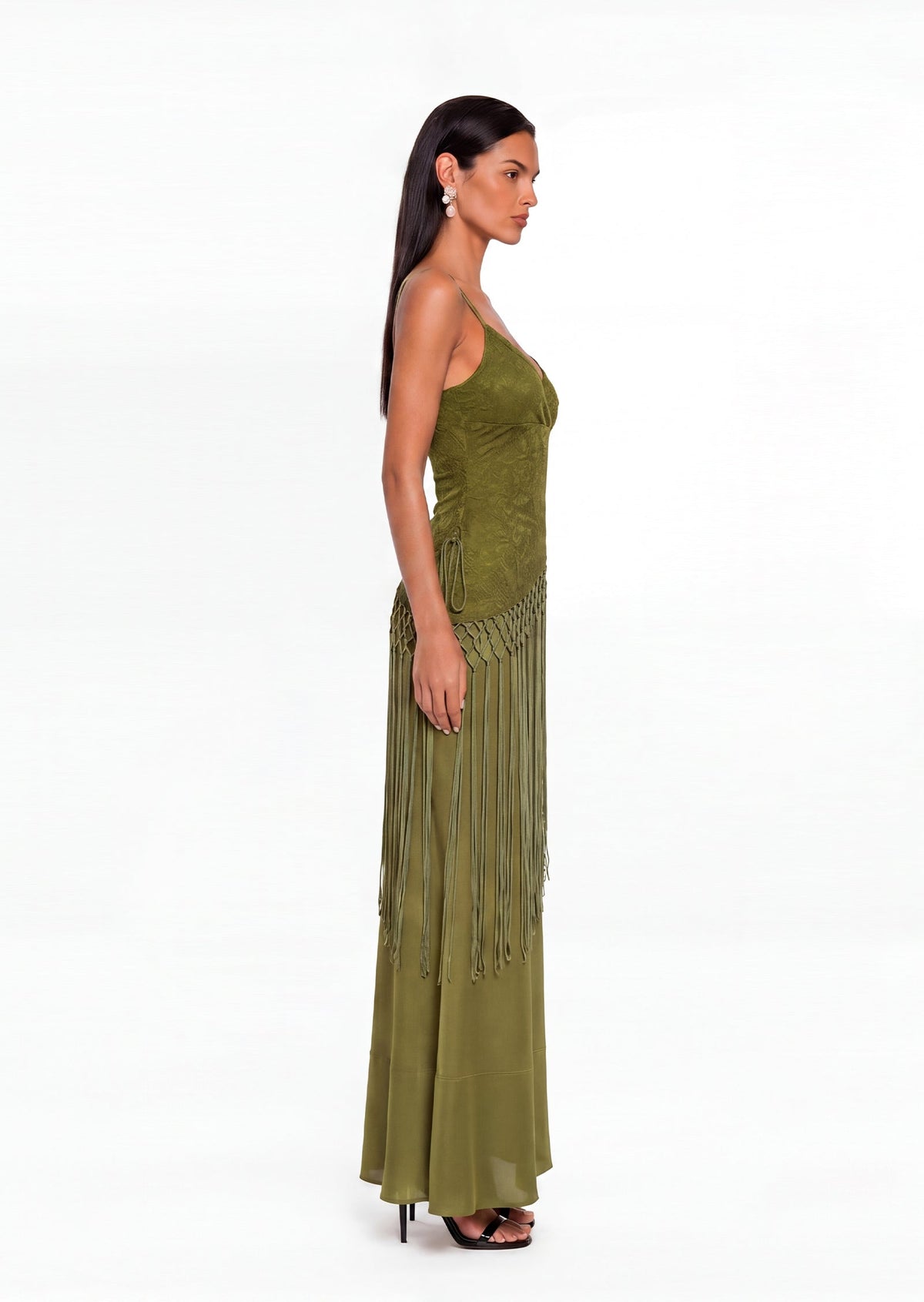 Nadia Sleeveless Lace Trim Maxi Dress In Green