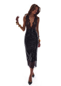 V Neck Lace-Trimmed Sequined Midi Dress Black