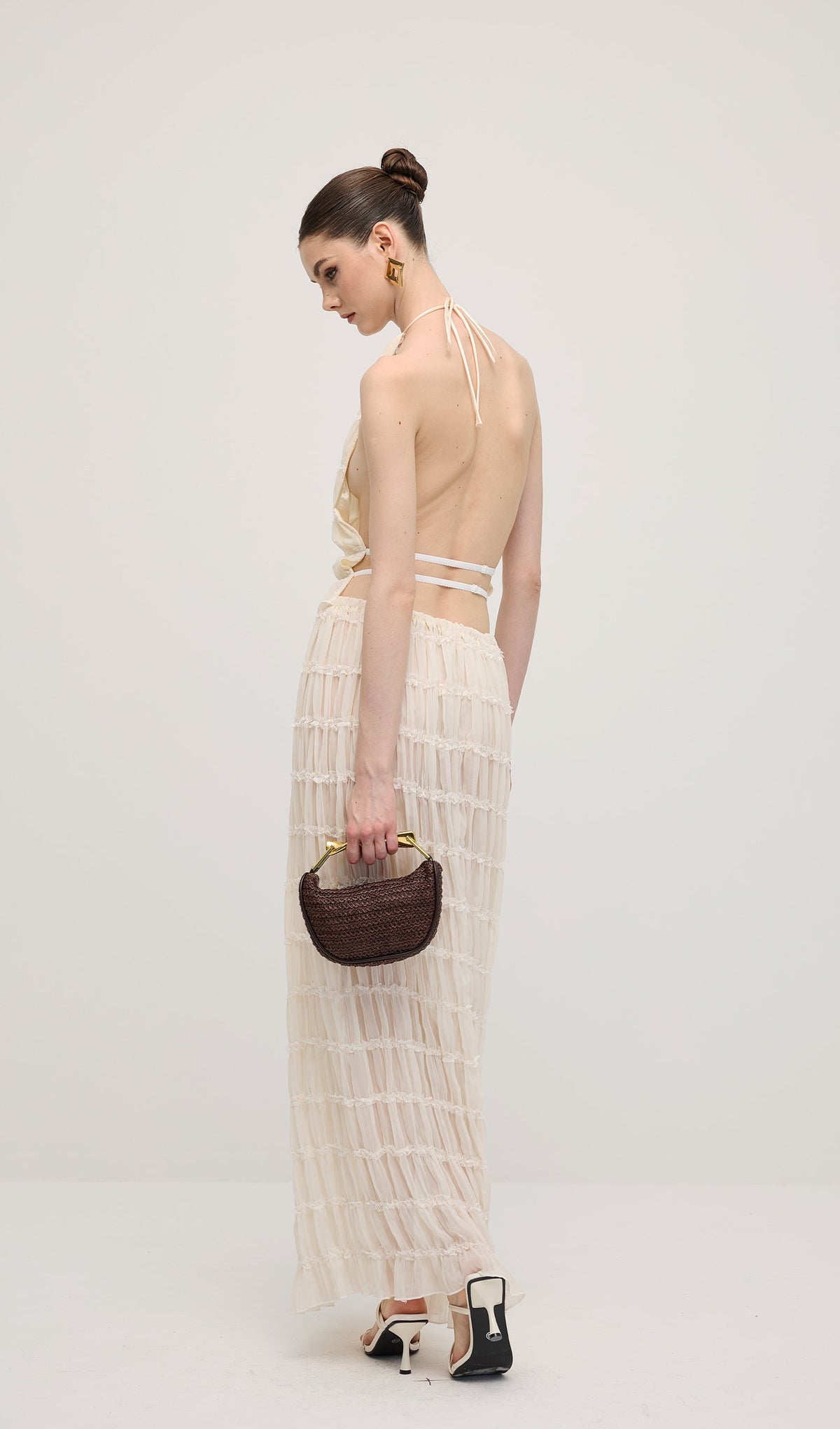 Halter Top & Ruched Detail Maxi Skirt Sets In White
