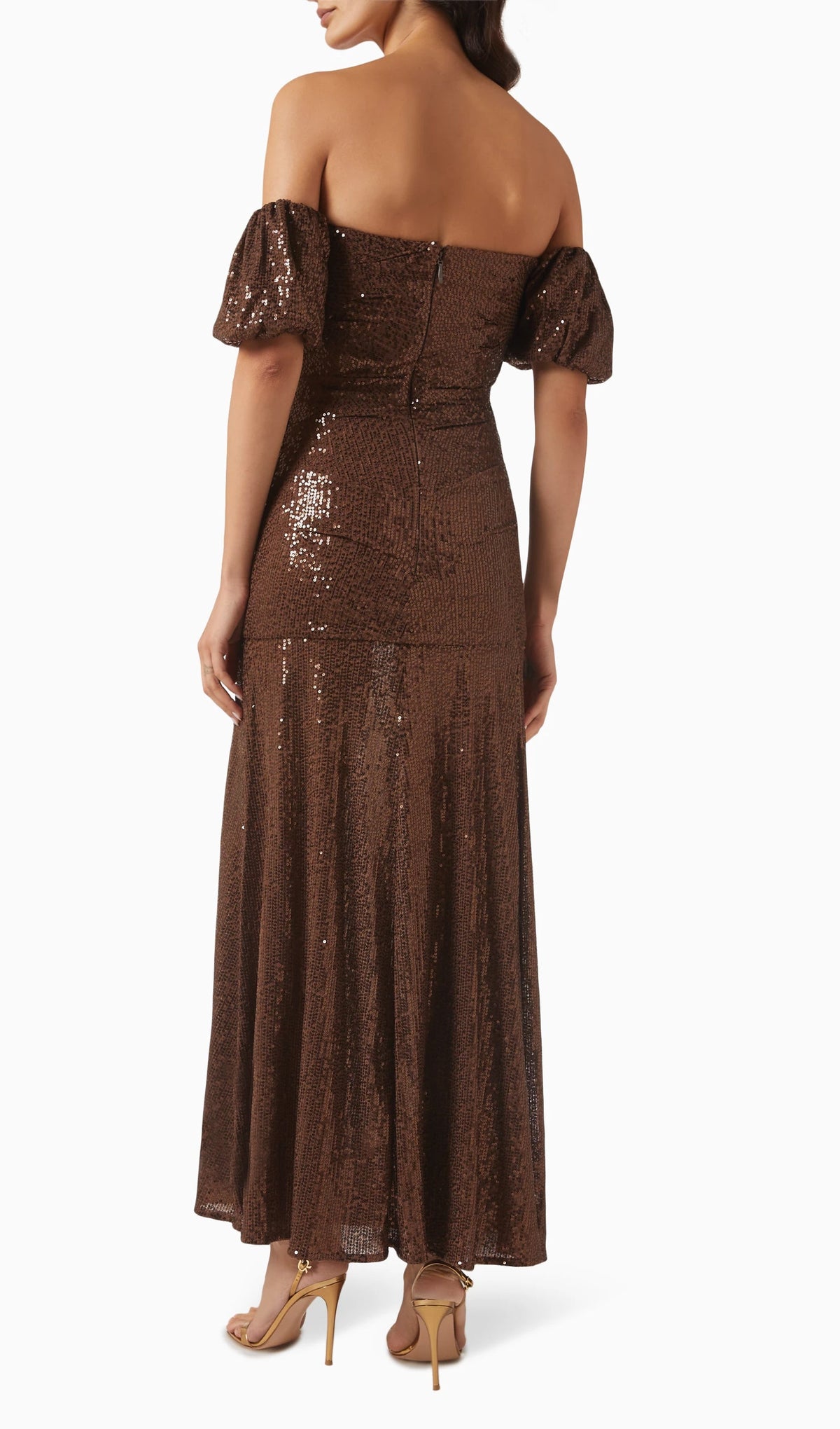 Off Shoulder Stretch Sequin Maxi Dress In Brown