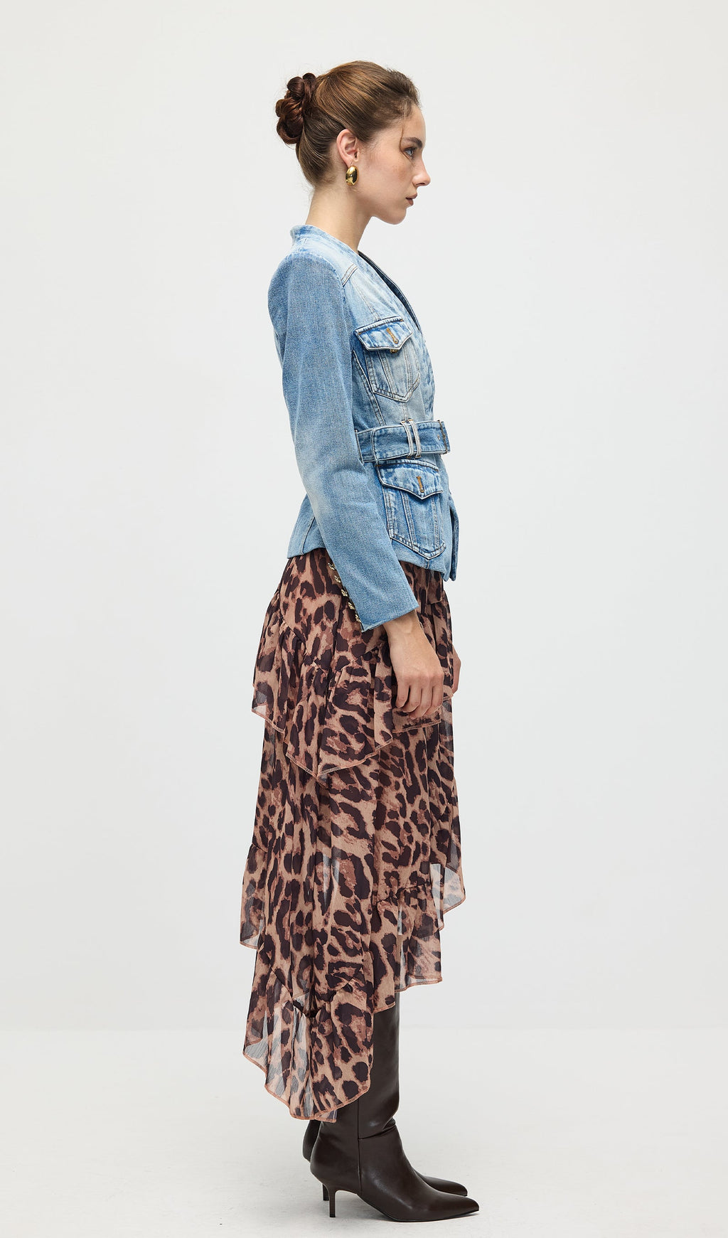 Solid V Neck Blue Denim Jacket With Belt