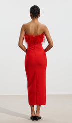 Lena Feather Trimmed Midi Dress Red