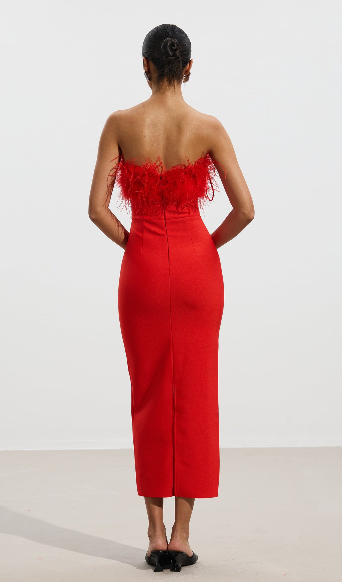 Lena Feather Trimmed Midi Dress Red