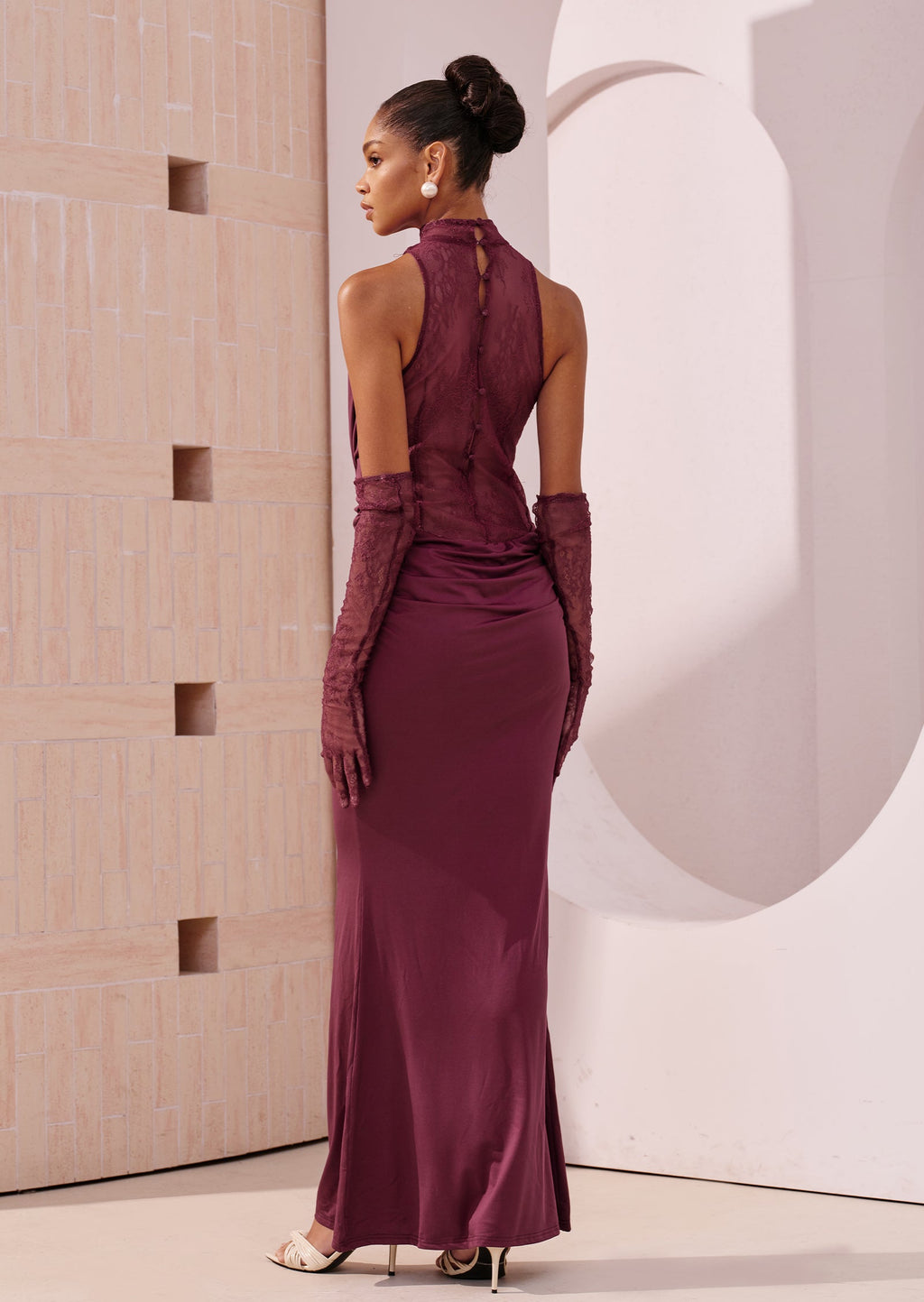 Lace Bodice Ruched Maxi Dress