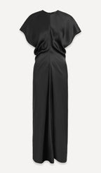 Slouch Waist Satin Midi Dress-Black