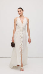 Halter Ruffles Rose Decoration Maxi Dress White