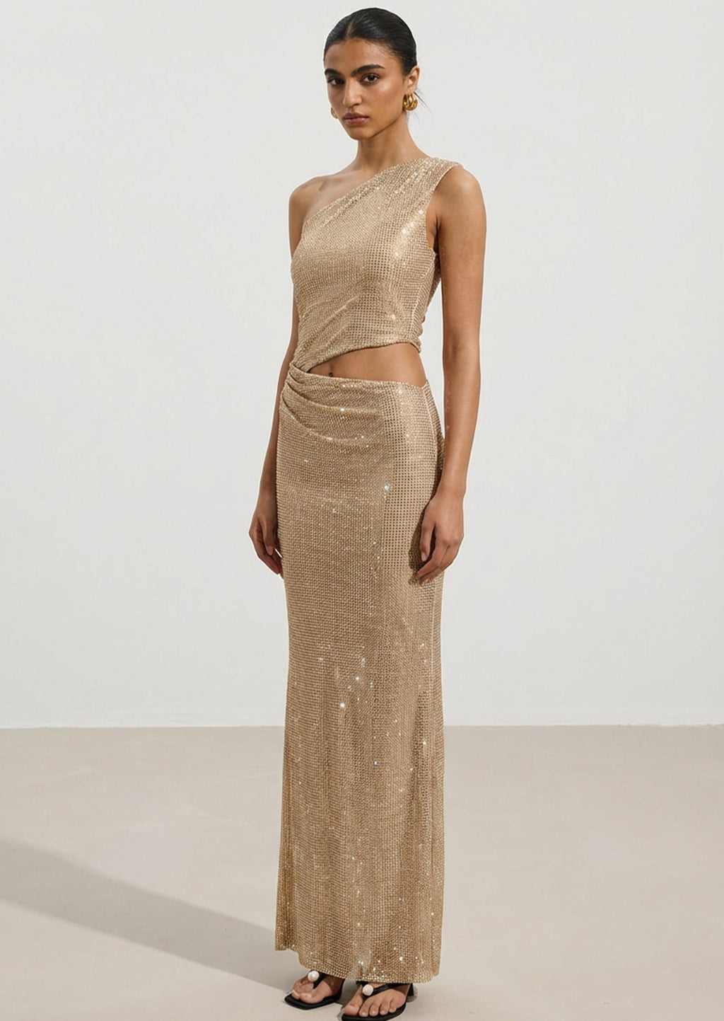 Diamante One Shoulder Maxi Dress In Gold