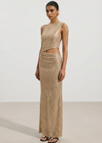 Diamante One Shoulder Maxi Dress In Gold