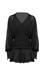 Solid Lantern Sleeve Mini Dress In Black