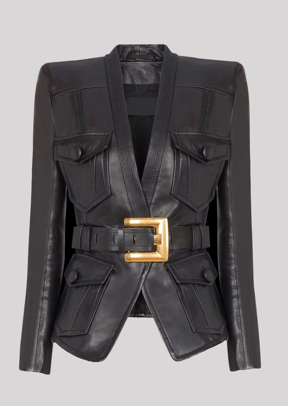Button Belted Leather Jacket