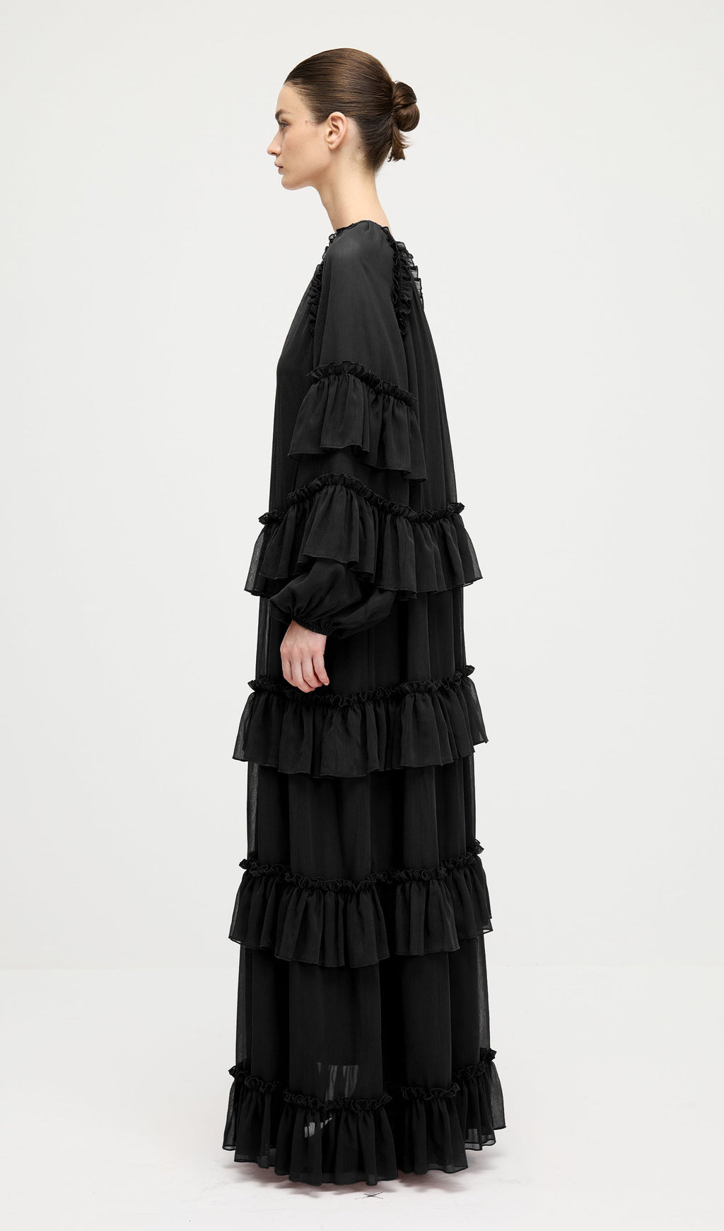 Ruffle Tiered Puff Sleeve Maxi Dress In Black