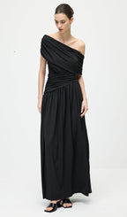 Black Off Shoulder Pleated Maxi Dress