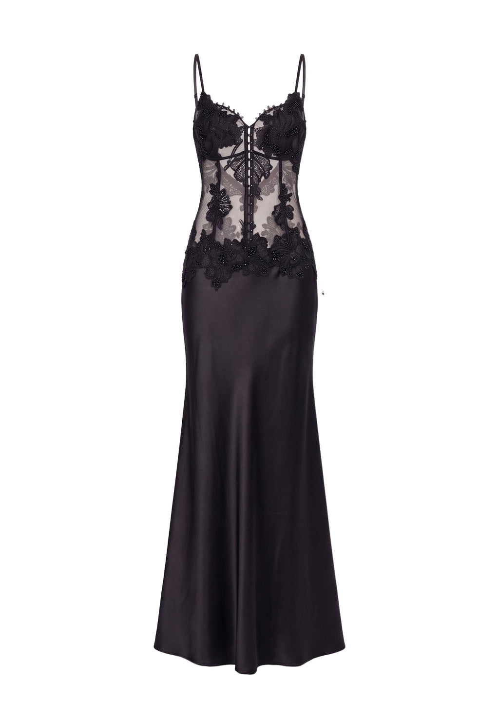 Gabouray Lace Satin Maxi Dress  In Black