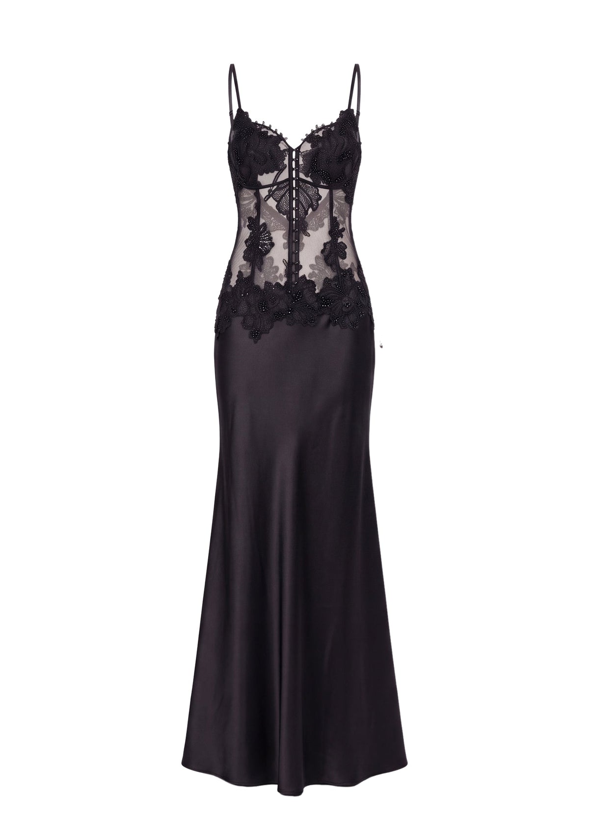 Gabouray Lace Satin Maxi Dress  In Black