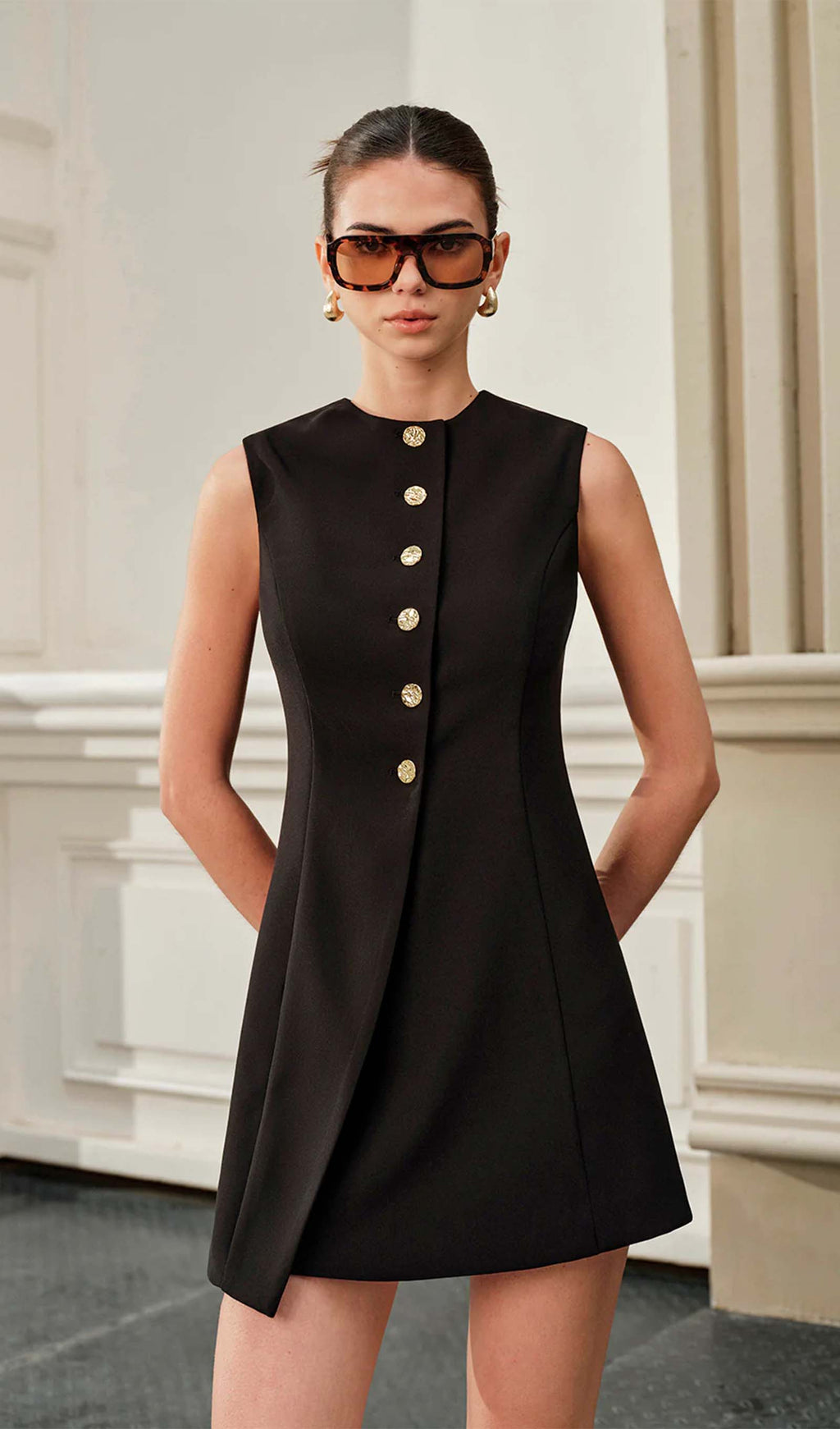 Asymmetrical Tie Back Metal Button Mini Dress
