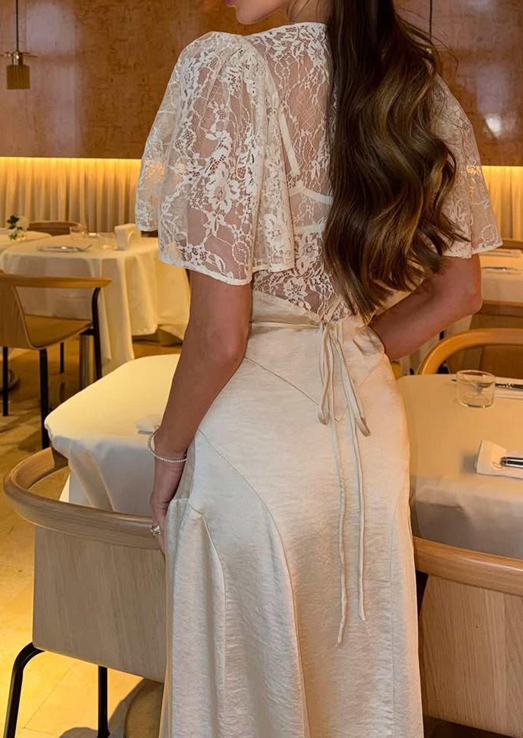 Earl Satin Midi Dress With Lace Sleeve
