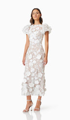 Floral 3D Lace Midi Dress In White