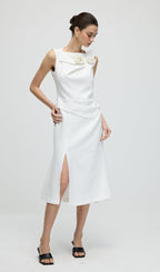 Sleeveless Flower Ruched Slit Midi Dress