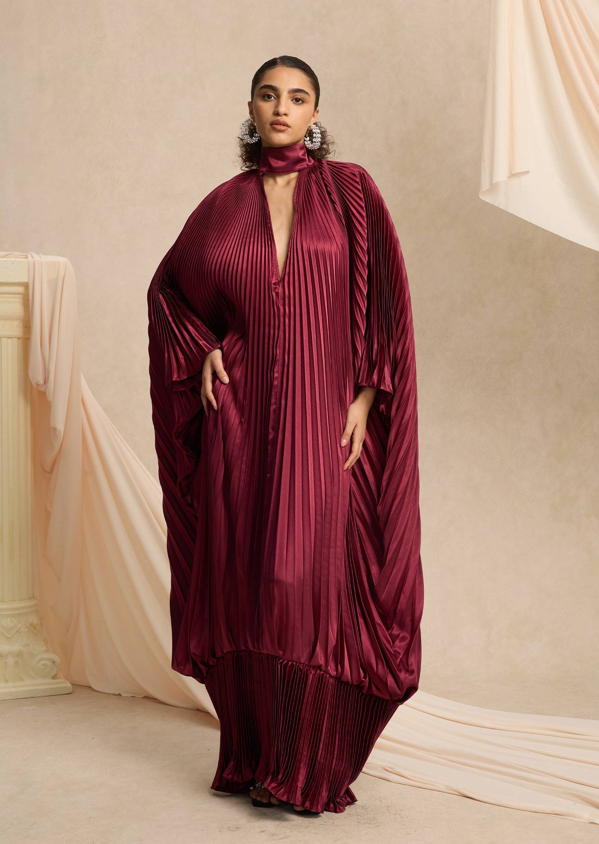 Hiba V Neckline Pleats Ruffled Maxi Dress In Burgundy