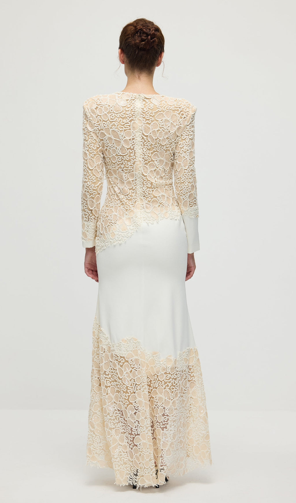 Textured Floral Embroidered Sequined Maxi Dress In Ivory