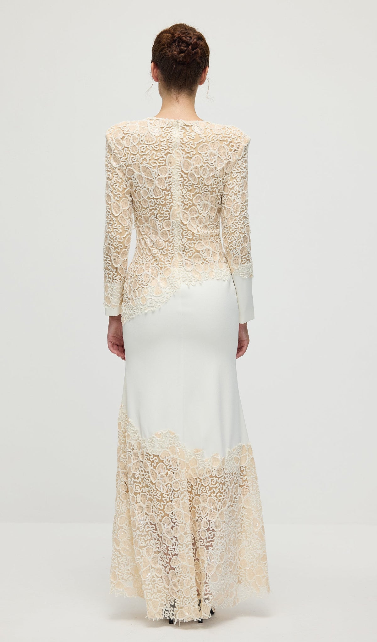Textured Floral Embroidered Sequined Maxi Dress In Ivory