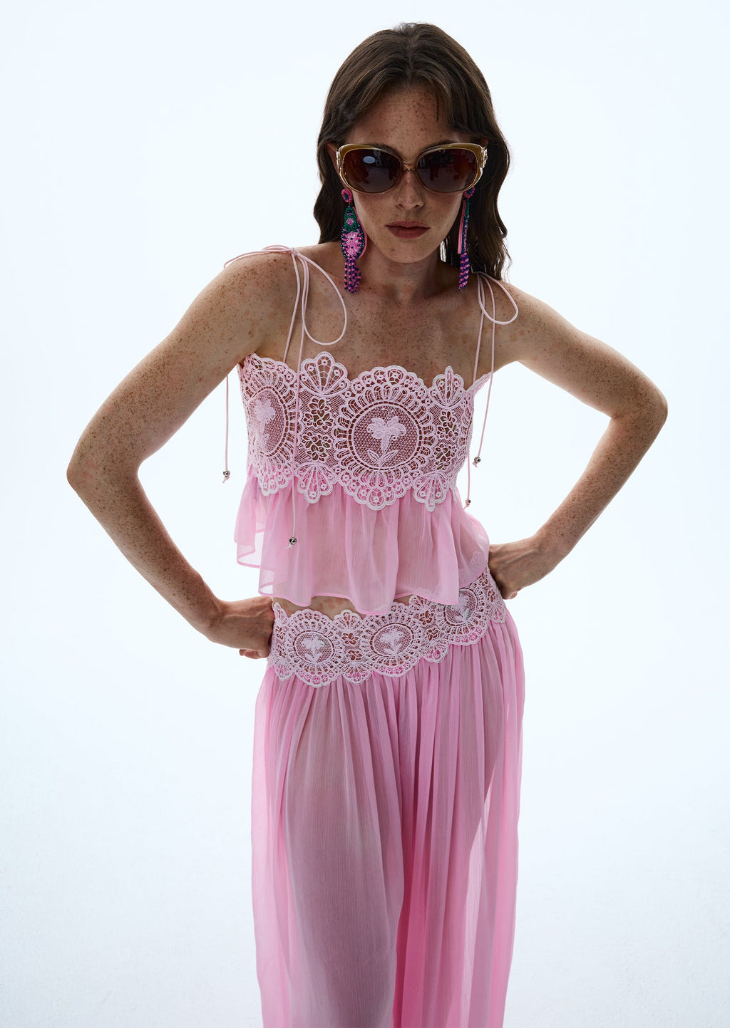 Luenie Chiffon Top & Pant Two Piece Set In Pink
