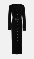 Knitted V Neck Midi Dress -Black