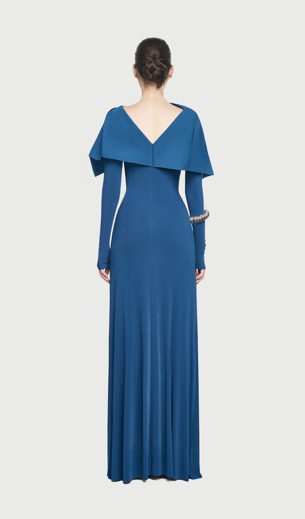 Asymmetrical Draped Shoulder Pleat Maxi Dress In Blue