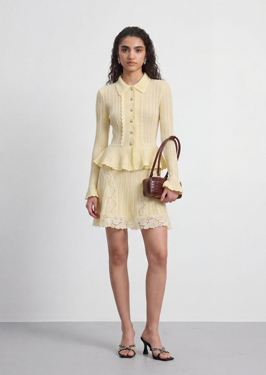 Pointelle Peplum Knit Mini Skirt Set In Yellow