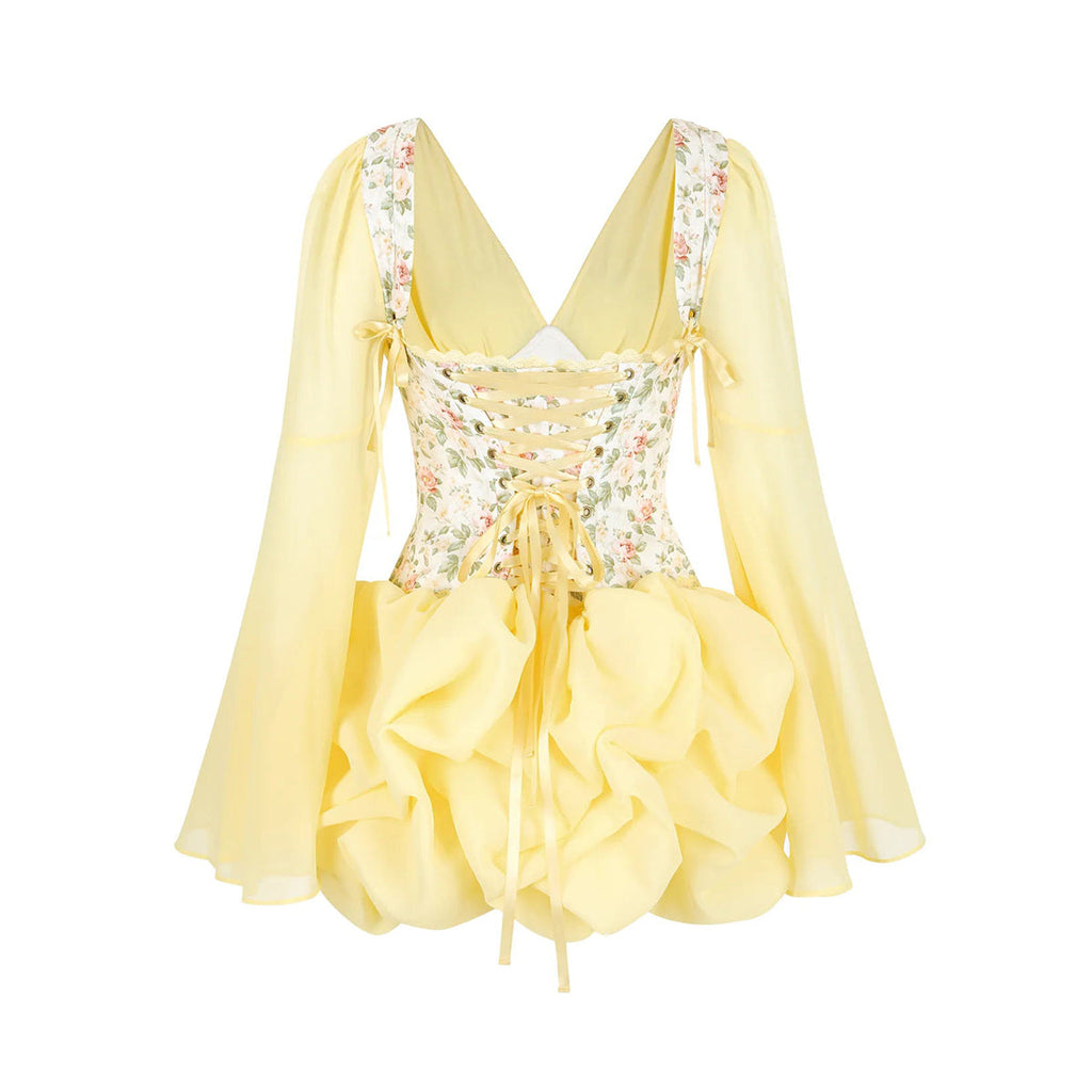 Octavius Floral Corset Bubble Mini Dress In Yellow