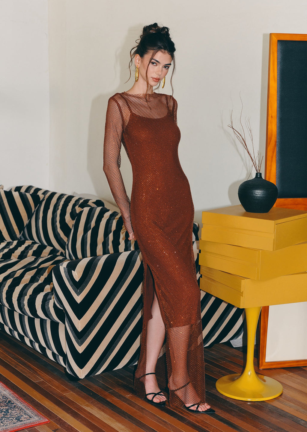 Mesh With Monochrome Lining  Maxi Dress In Coffee