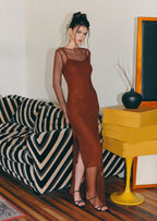 Mesh With Monochrome Lining  Maxi Dress In Coffee